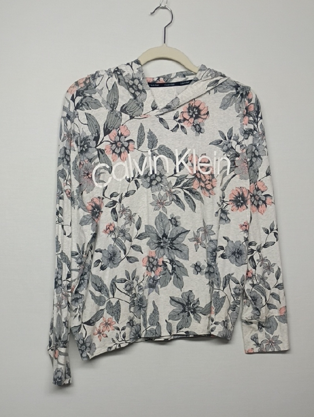 Calvin Klein Floral Hooded Long Sleeve Top - Light Gray with Pink